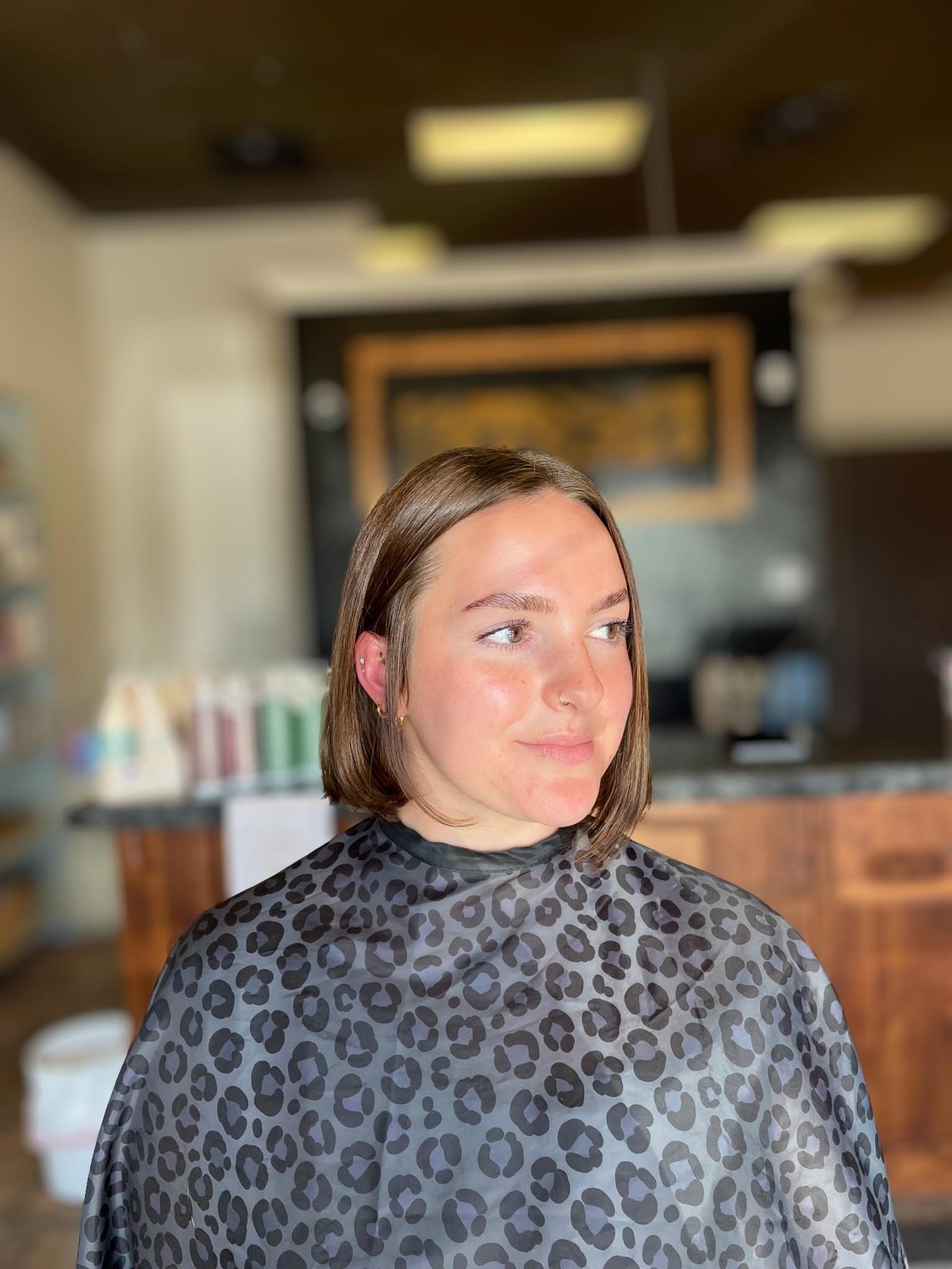 Sleek chin-length blunt bob on brunette hair
